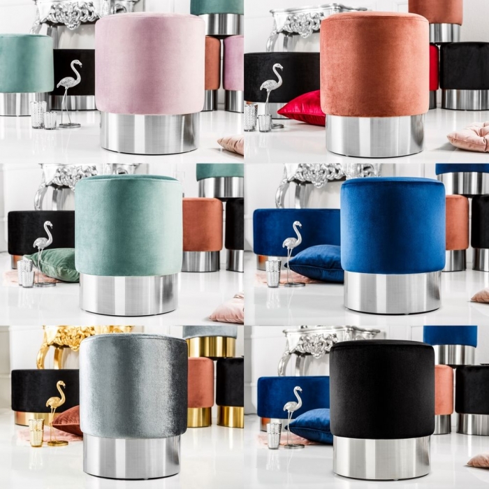 Sitzhocker POMPIDOU Blau aus Samtstoff mit Gold Metallsockel in Barock-Design 35cm x 41cm - 6