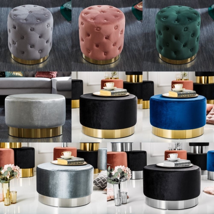 Sitzhocker POMPIDOU Blau aus Samtstoff mit Gold Metallsockel in Barock-Design 35cm x 41cm - 7